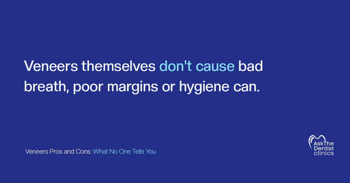 Veneers themselves don't cause bad breath, poor margins or hygiene can
